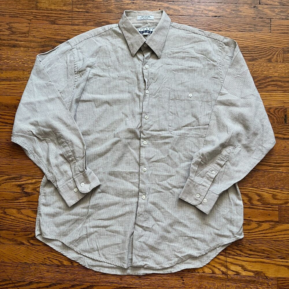 Stuart Hughes Men's Large Button Up Shirt Beige 17 34/35 Long Sleeve Collar Prep